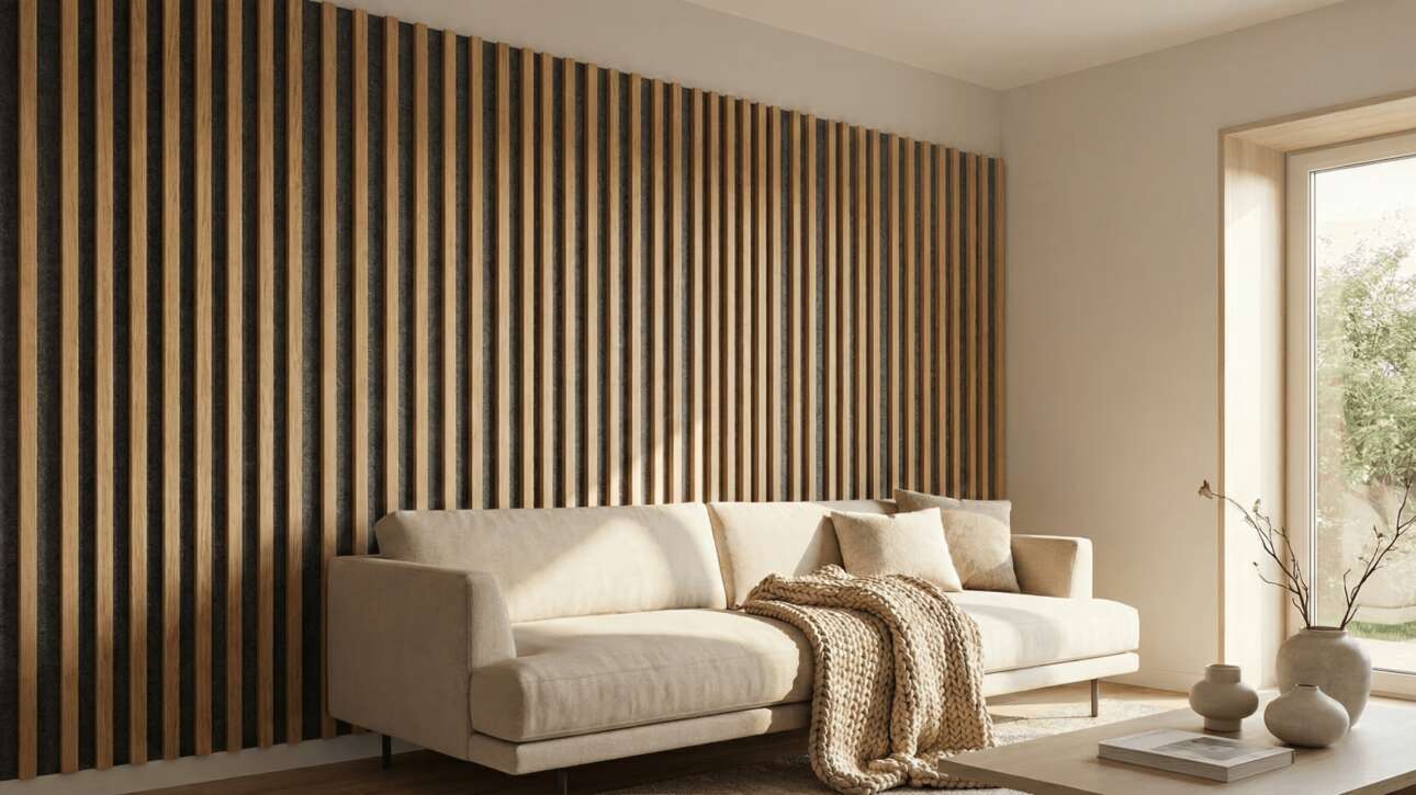 Salón moderno decorado con paneles de listones de madera de roble sobre fondo negro para mejorar la acústica.