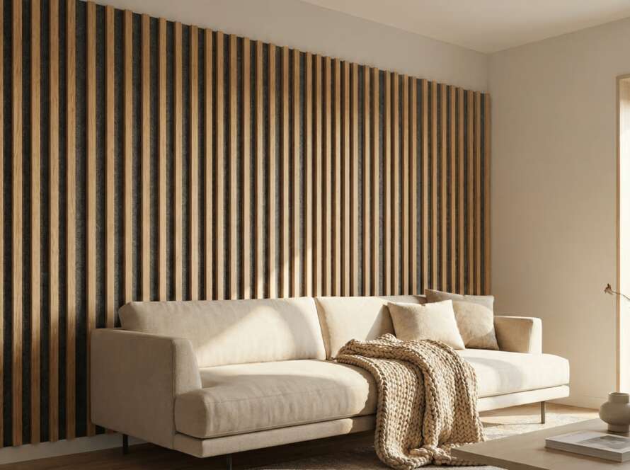 Salón moderno decorado con paneles de listones de madera de roble sobre fondo negro para mejorar la acústica.