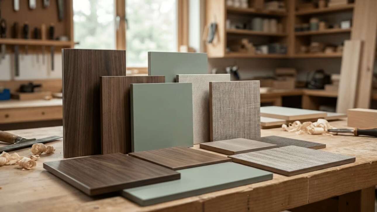 Muestrario de tableros de melamina con texturas de madera roble, nogal y colores mate tendencia 2026 sobre mesa de trabajo.