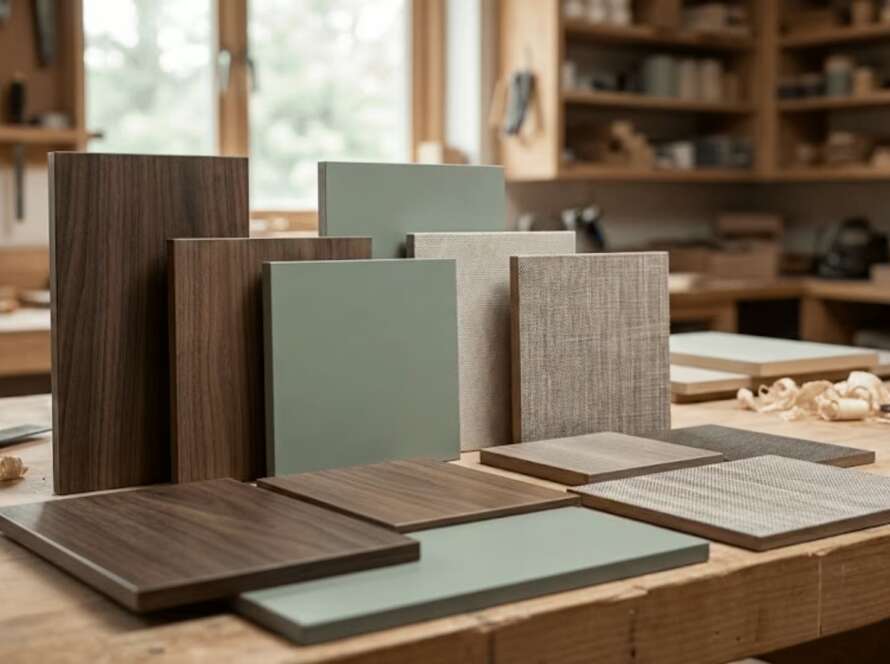 Muestrario de tableros de melamina con texturas de madera roble, nogal y colores mate tendencia 2026 sobre mesa de trabajo.