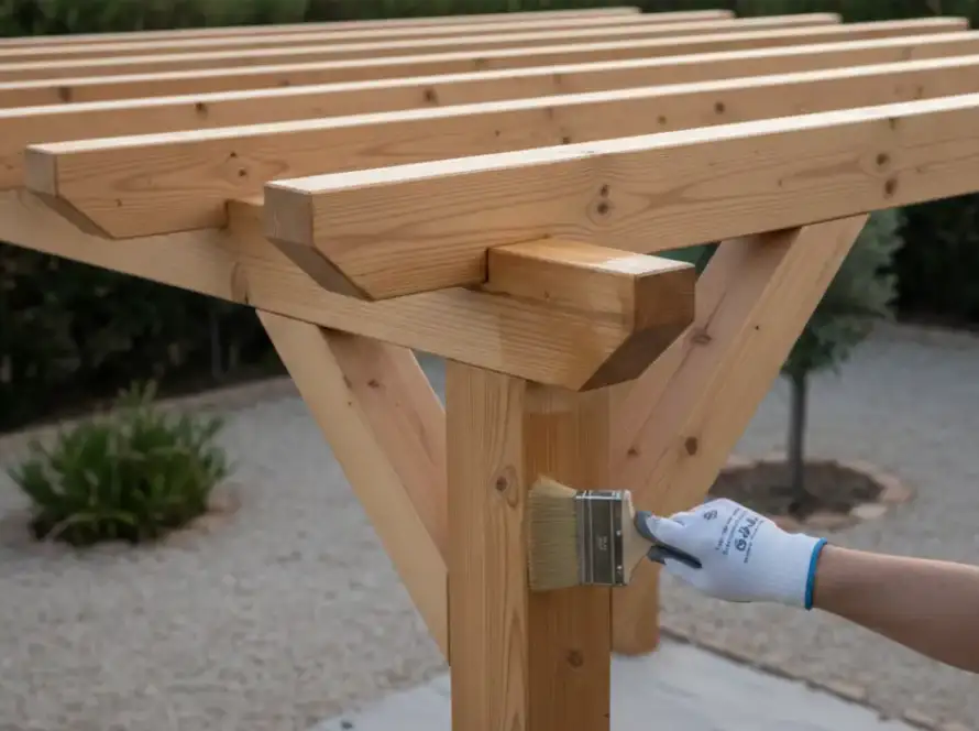 Aplicación de lasur protector en pérgola para el mantenimiento de madera exterior en Lorca.