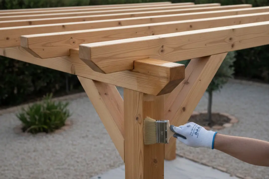 Aplicación de lasur protector en pérgola para el mantenimiento de madera exterior en Lorca.