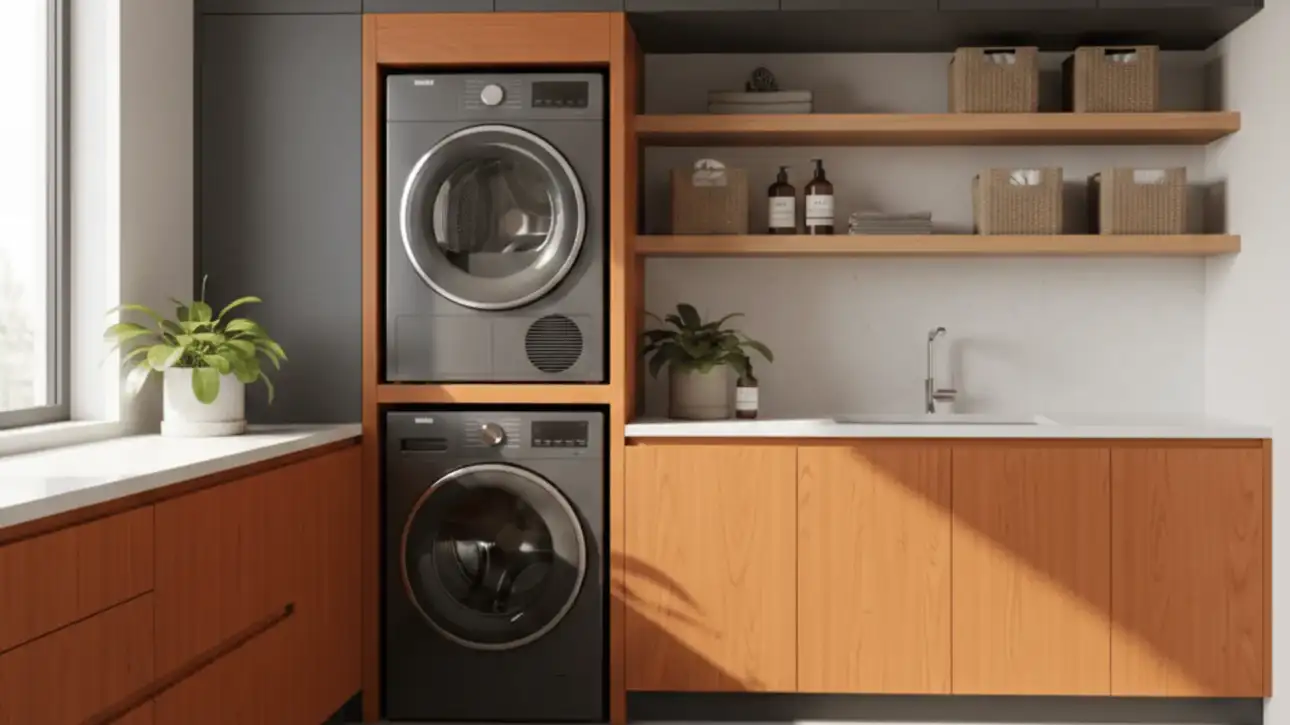 Mobiliario de lavadero a medida con armarios superiores en gris grafito y muebles inferiores en madera de roble hidrófuga, optimizando espacio para lavadora y secadora en columna.