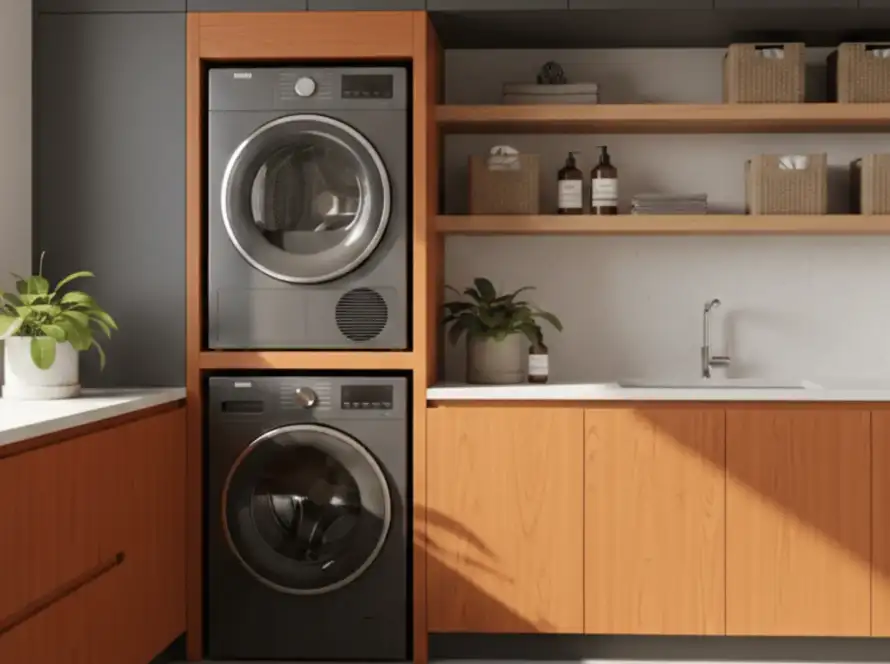 Mobiliario de lavadero a medida con armarios superiores en gris grafito y muebles inferiores en madera de roble hidrófuga, optimizando espacio para lavadora y secadora en columna.